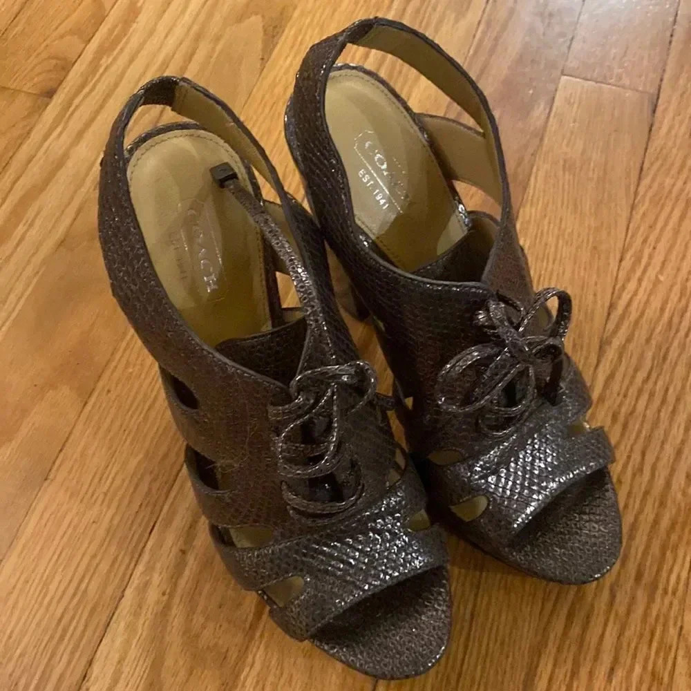 Coach 5” heel Moreen snakeskin gold print heels, open toe 7.5 B laces cut out